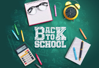 Back to school vector concept design. Back to school text with student educational supplies in chalkboard background. Vector illustration back to school educational design.